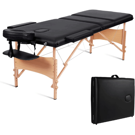 Portable Treatment Table Wood Adjustable Back 3 Sections Black Color 186*60 Cm