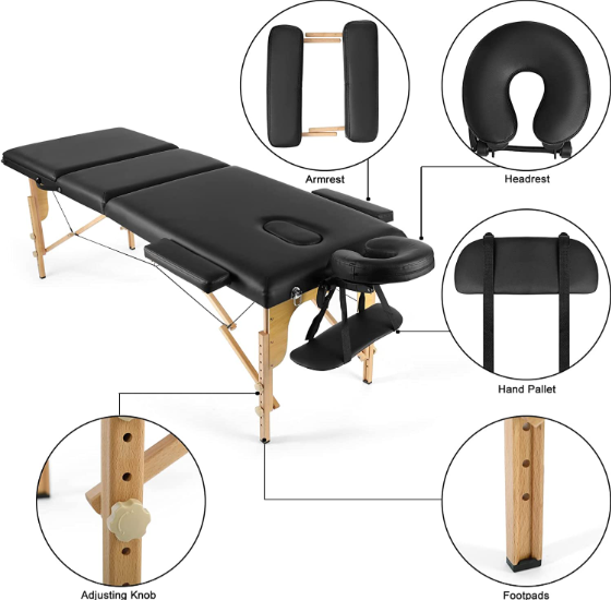 Portable Treatment Table Wood Adjustable Back 3 Sections Black Color 186*70 Cm